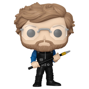 Funko Pop! vinyl figure of a character with glasses and a beard, holding a weapon, on a white background.